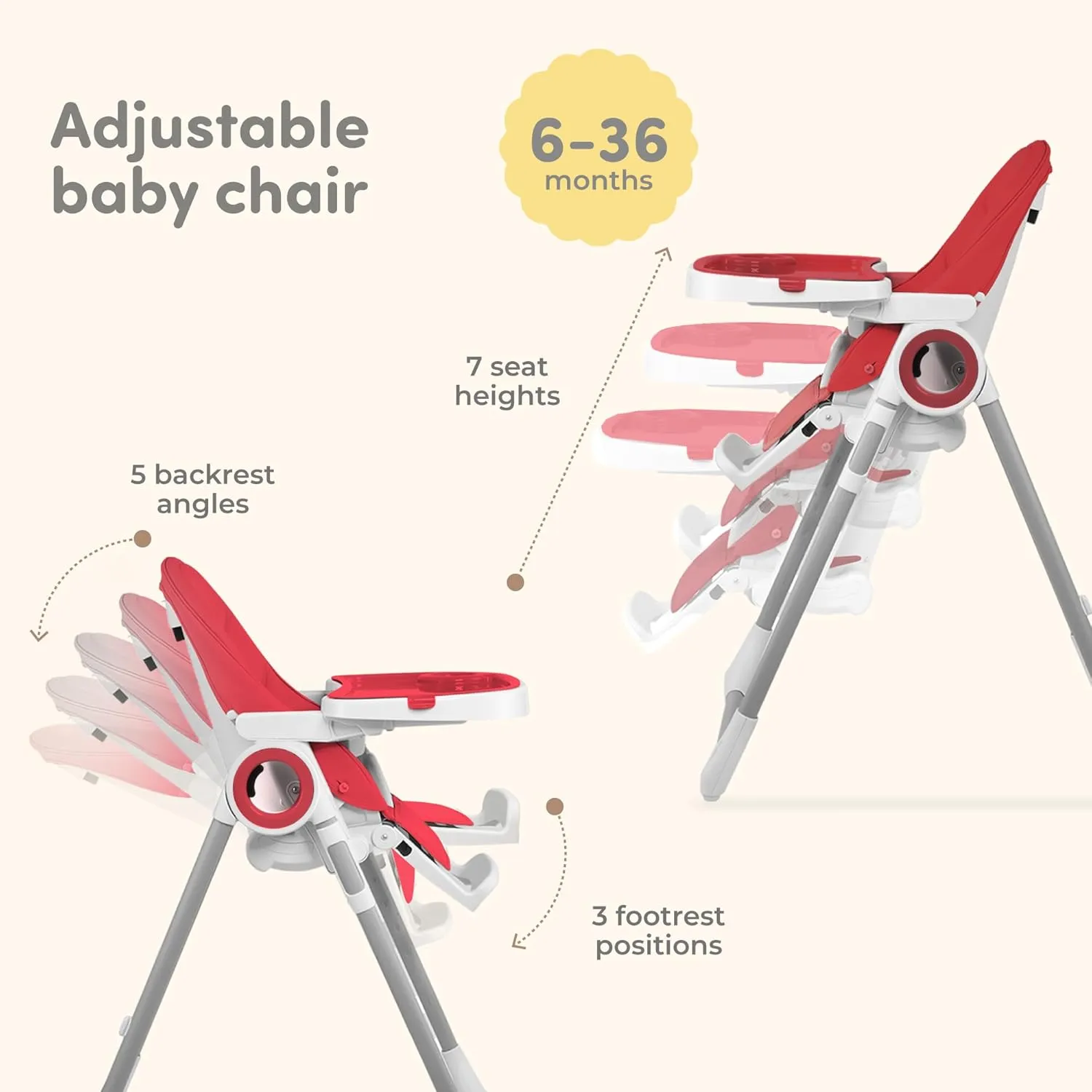 Baby High Chair Adjustable to 7 Different Heights - Foldable High Chairs for Babies and Toddlers - Silla para Comer de Bebe - Red