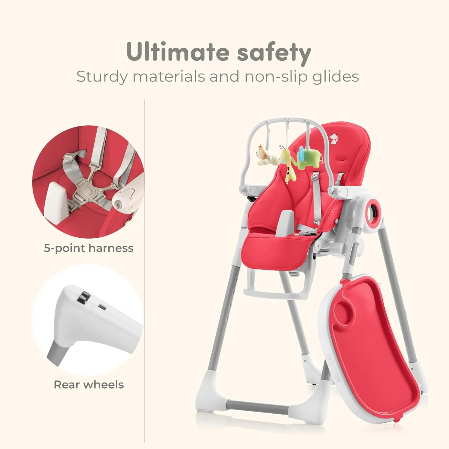 Baby High Chair Adjustable to 7 Different Heights - Foldable High Chairs for Babies and Toddlers - Silla para Comer de Bebe - Red