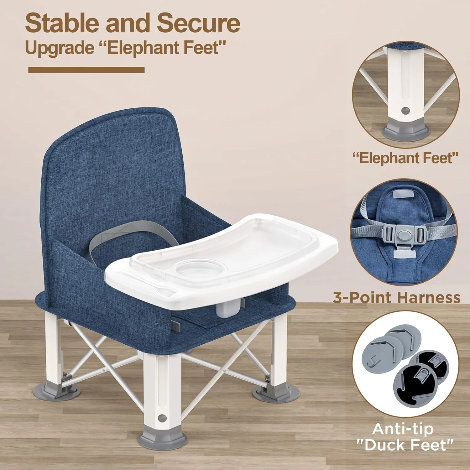 Baby Travel Booster Seat with Double Tray, BabyBond Upgraded Toddler Portable Baby Chair, Booster Seat for Dining Table, Stable and Foldable Booster Baby Chair for Indoor/Outdoor use (Denim Blue)