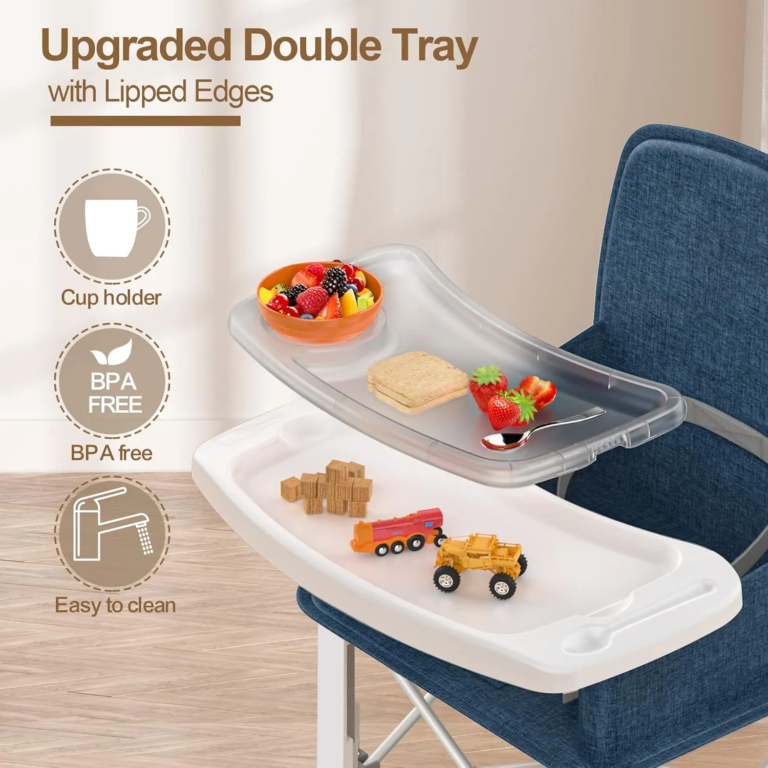 Baby Travel Booster Seat with Double Tray, BabyBond Upgraded Toddler Portable Baby Chair, Booster Seat for Dining Table, Stable and Foldable Booster Baby Chair for Indoor/Outdoor use (Denim Blue)