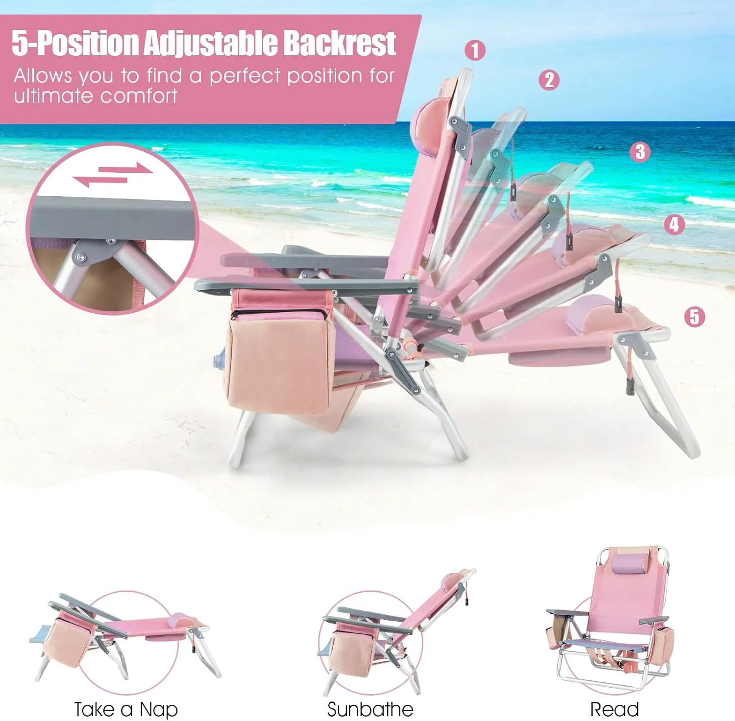 Backpack Beach Chair, 5 Position Adjustable Camping Chairs with Aluminum Table, Head Pillow, Cooler Bag, Cup Holders, Folding Beach Chairs for Adults (with Table, Gradient Pink)