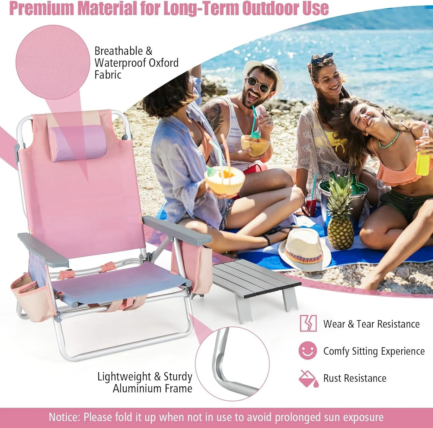 Backpack Beach Chair, 5 Position Adjustable Camping Chairs with Aluminum Table, Head Pillow, Cooler Bag, Cup Holders, Folding Beach Chairs for Adults (with Table, Gradient Pink)
