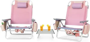 Backpack Beach Chair, 5 Position Adjustable Camping Chairs with Aluminum Table, Head Pillow, Cooler Bag, Cup Holders, Folding Beach Chairs for Adults (with Table, Gradient Pink)