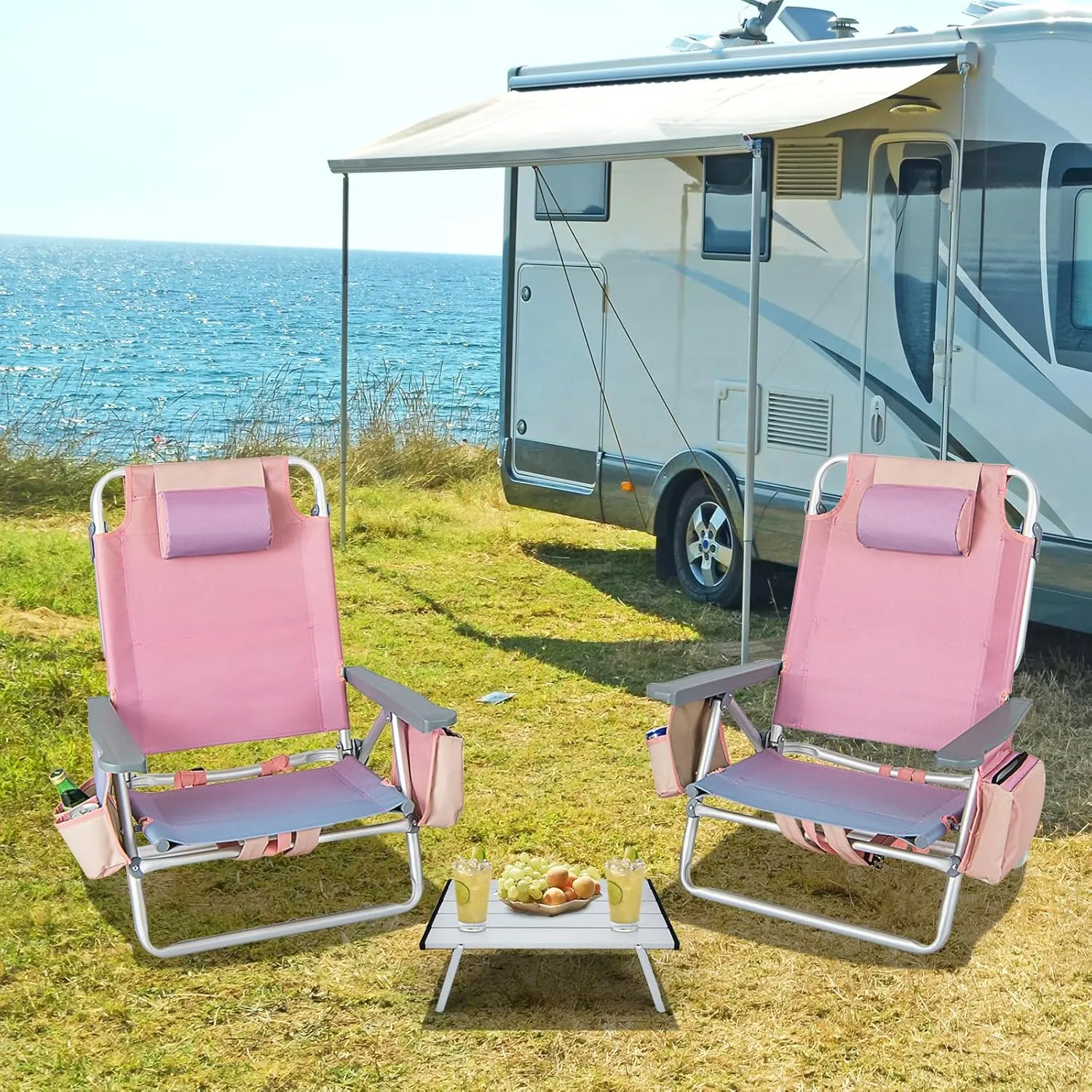 Backpack Beach Chair, 5 Position Adjustable Camping Chairs with Aluminum Table, Head Pillow, Cooler Bag, Cup Holders, Folding Beach Chairs for Adults (with Table, Gradient Pink)