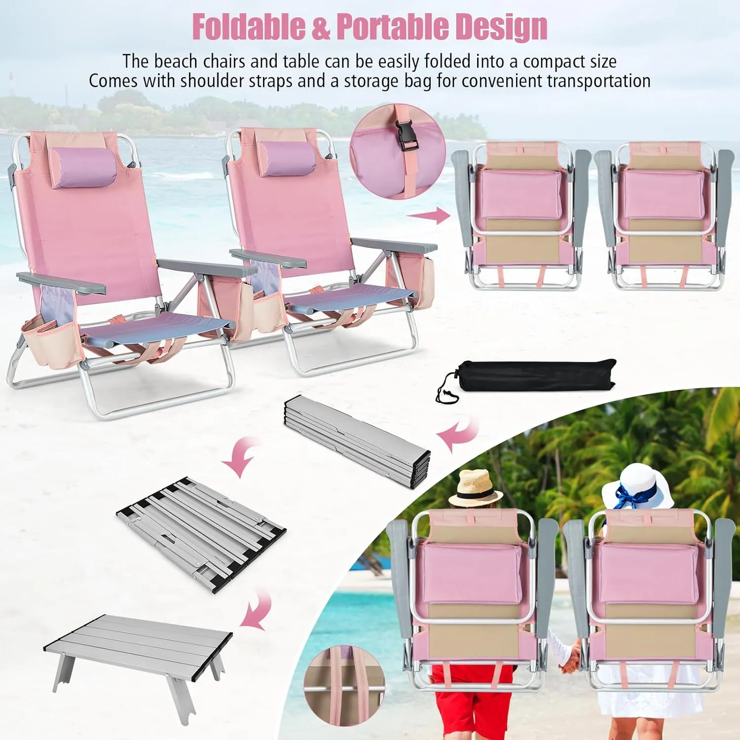 Backpack Beach Chair, 5 Position Adjustable Camping Chairs with Aluminum Table, Head Pillow, Cooler Bag, Cup Holders, Folding Beach Chairs for Adults (with Table, Gradient Pink)