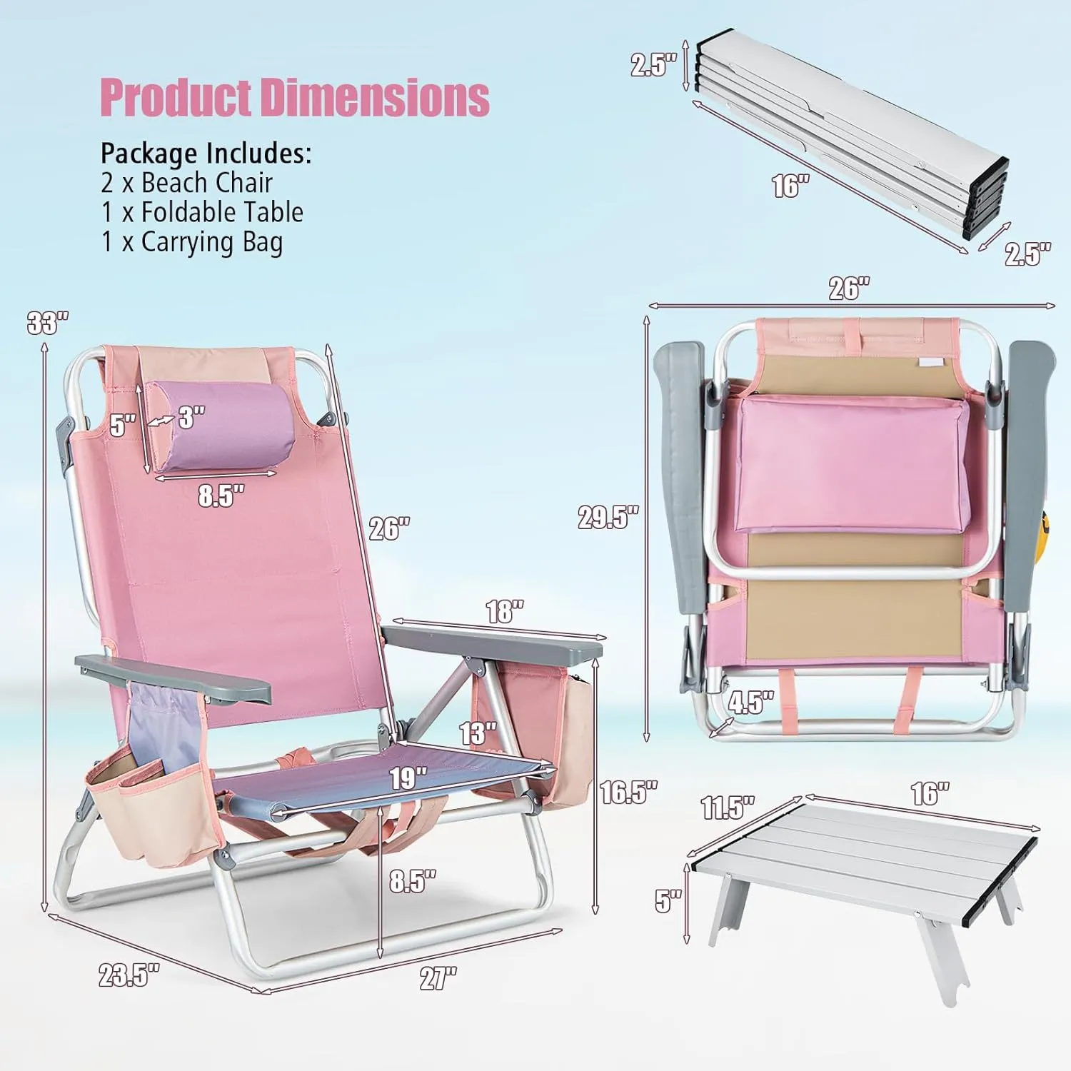 Backpack Beach Chair, 5 Position Adjustable Camping Chairs with Aluminum Table, Head Pillow, Cooler Bag, Cup Holders, Folding Beach Chairs for Adults (with Table, Gradient Pink)