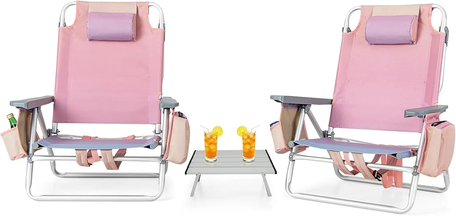 Backpack Beach Chair, 5 Position Adjustable Camping Chairs with Aluminum Table, Head Pillow, Cooler Bag, Cup Holders, Folding Beach Chairs for Adults (with Table, Gradient Pink)