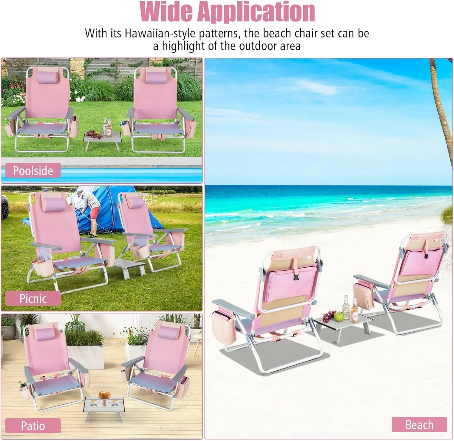 Backpack Beach Chair, 5 Position Adjustable Camping Chairs with Aluminum Table, Head Pillow, Cooler Bag, Cup Holders, Folding Beach Chairs for Adults (with Table, Gradient Pink)