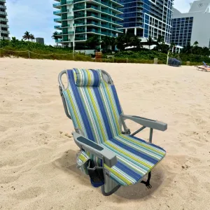 Backpack Beach Chair with Straps – Low Beach Chair Backpack with Pillow, High Back, Striped Design, Insulated Pocket