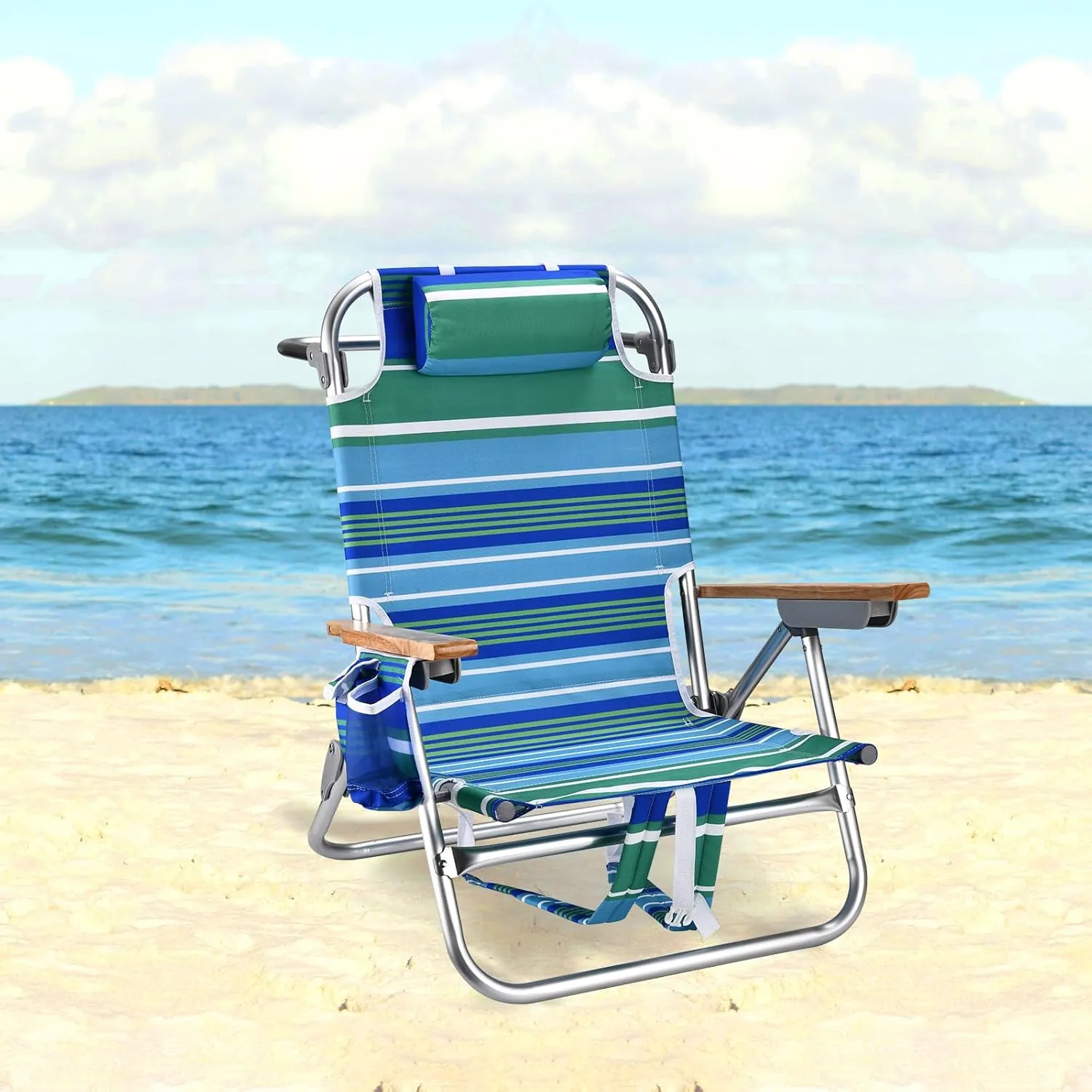 Backpack Beach Chairs for Adults Capacity 300 LBS Low 5 Position Beach Chair with Pouch Straps Folding Lightweight Reclining Aluminum Wide Lay Flat Single