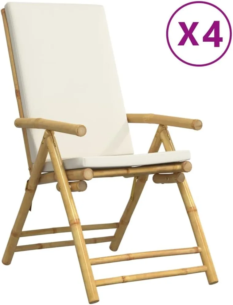 Backyard Chairs Beach Chair Outdoor Chairs Kitchen Chairs - 4 Piece Folding Patio Reclining Chairs with Cream White Cushions Bamboo for Beaches Outside Terrace Park