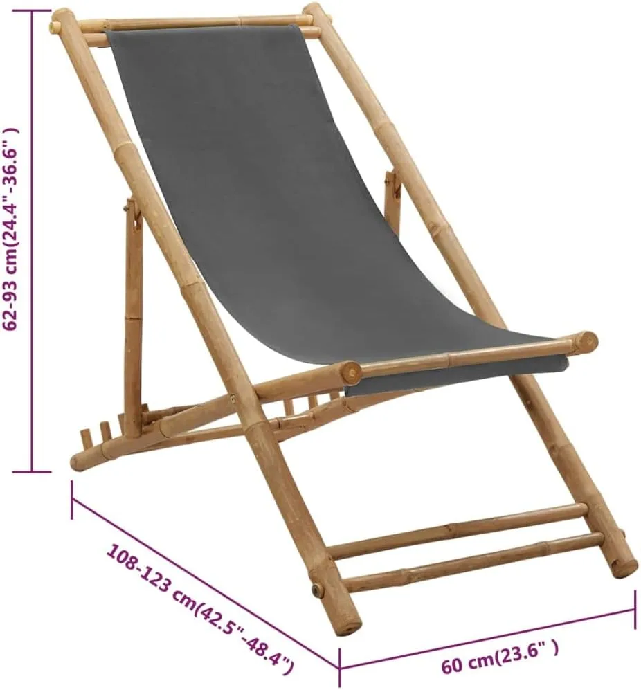 Bamboo and Canvas Adjustable Deck Chair Dark Gray Beach Lounge Chair Foldable Patio Chair for Outdoor Relaxing, Camping, and Lounging