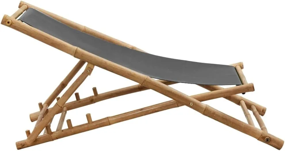 Bamboo and Canvas Adjustable Deck Chair Dark Gray Beach Lounge Chair Foldable Patio Chair for Outdoor Relaxing, Camping, and Lounging
