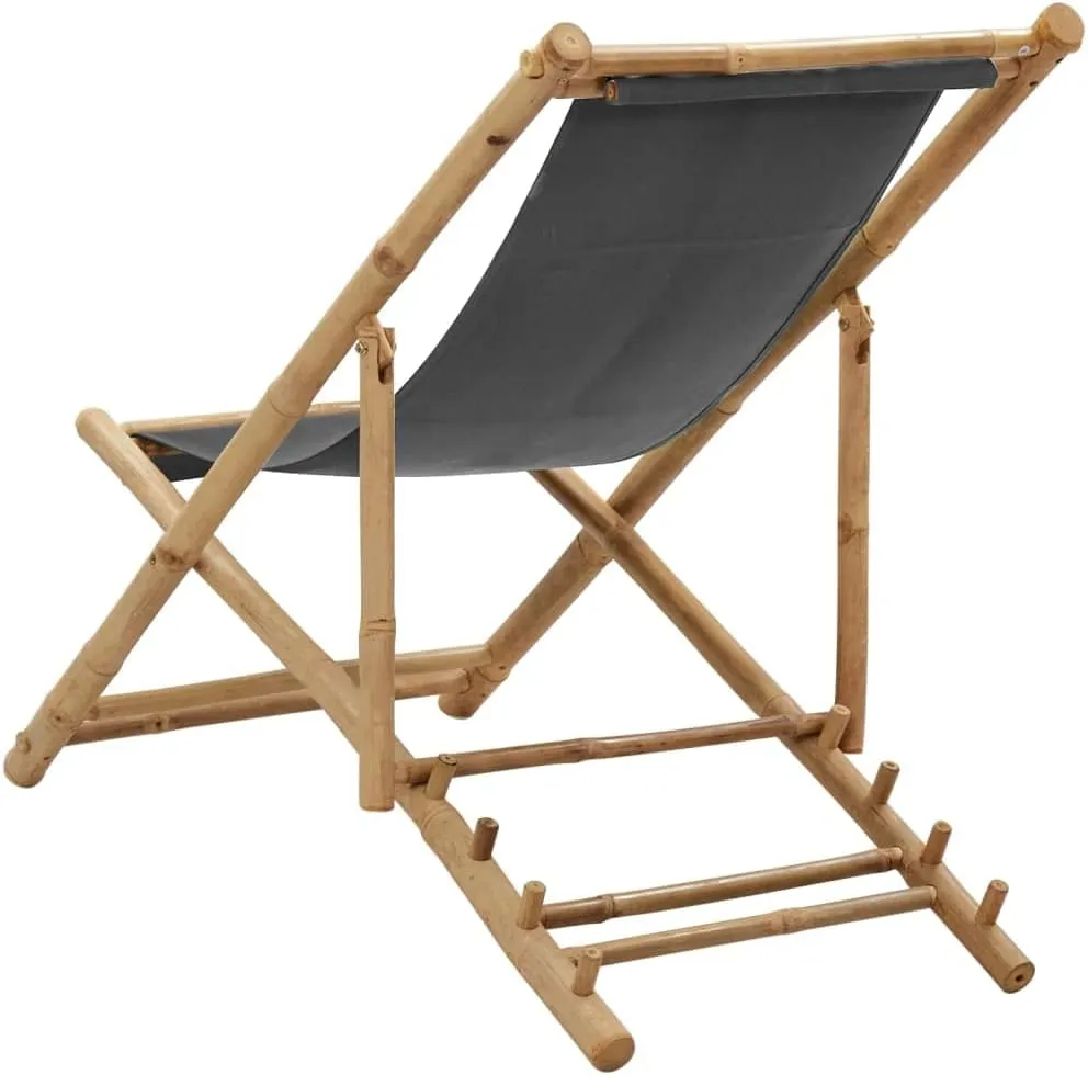 Bamboo and Canvas Adjustable Deck Chair Dark Gray Beach Lounge Chair Foldable Patio Chair for Outdoor Relaxing, Camping, and Lounging