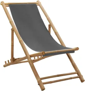 Bamboo and Canvas Adjustable Deck Chair Dark Gray Beach Lounge Chair Foldable Patio Chair for Outdoor Relaxing, Camping, and Lounging