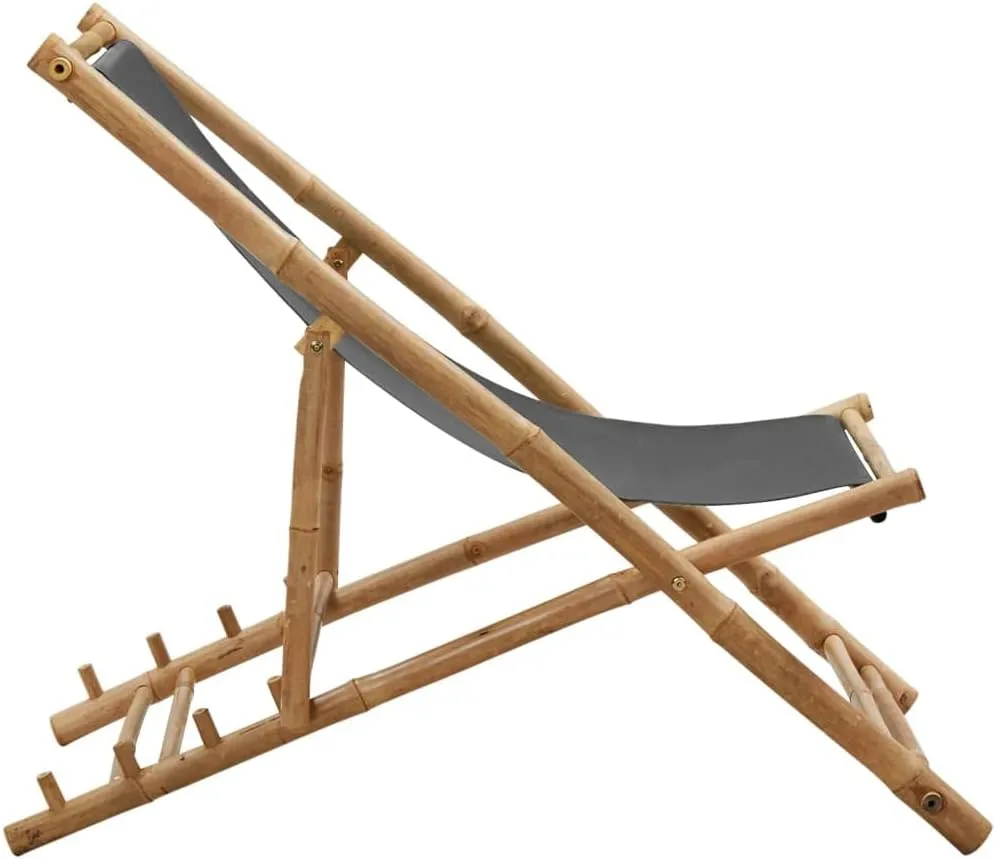 Bamboo and Canvas Adjustable Deck Chair Dark Gray Beach Lounge Chair Foldable Patio Chair for Outdoor Relaxing, Camping, and Lounging
