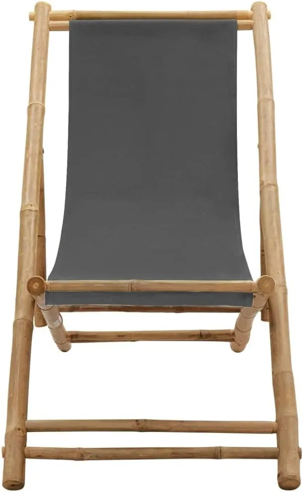 Bamboo and Canvas Adjustable Deck Chair Dark Gray Beach Lounge Chair Foldable Patio Chair for Outdoor Relaxing, Camping, and Lounging