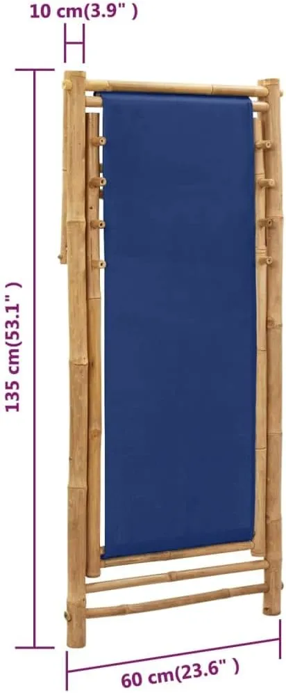 Bamboo and Canvas Deck Chair Navy Blue Foldable Adjustable Outdoor Lounge Chair for Patio Beach Camping and Campsite
