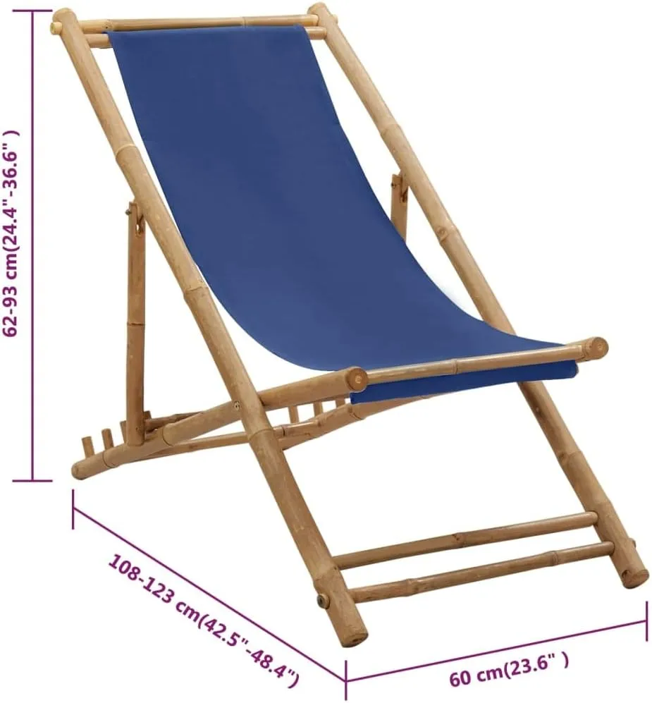 Bamboo and Canvas Deck Chair Navy Blue Foldable Adjustable Outdoor Lounge Chair for Patio Beach Camping and Campsite