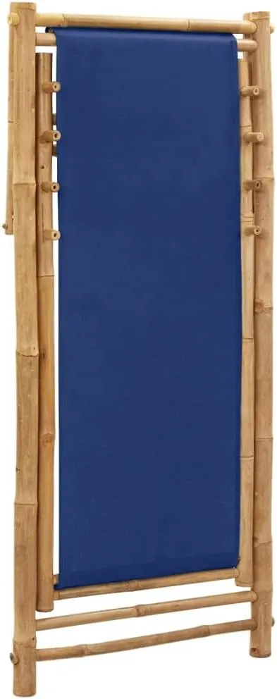 Bamboo and Canvas Deck Chair Navy Blue Foldable Adjustable Outdoor Lounge Chair for Patio Beach Camping and Campsite