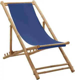 Bamboo and Canvas Deck Chair Navy Blue Foldable Adjustable Outdoor Lounge Chair for Patio Beach Camping and Campsite