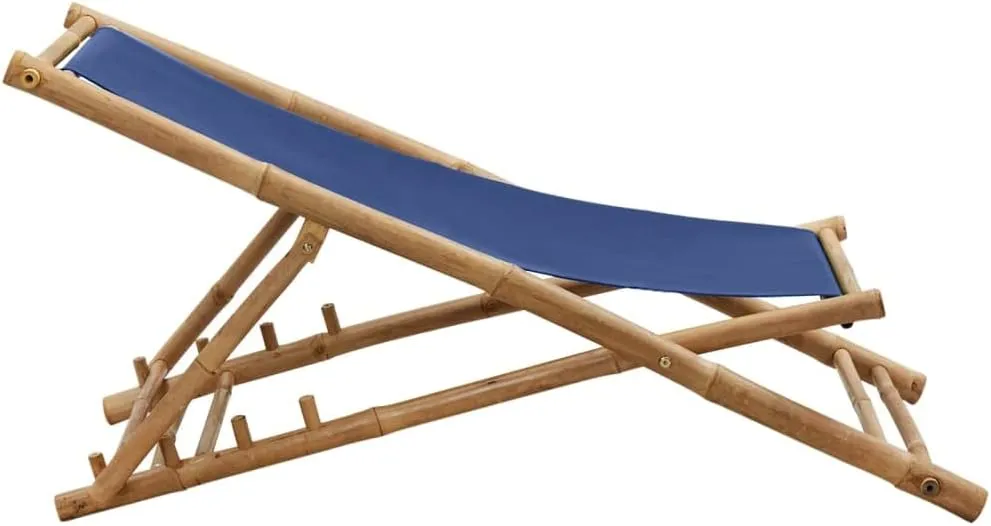 Bamboo and Canvas Deck Chair Navy Blue Foldable Adjustable Outdoor Lounge Chair for Patio Beach Camping and Campsite