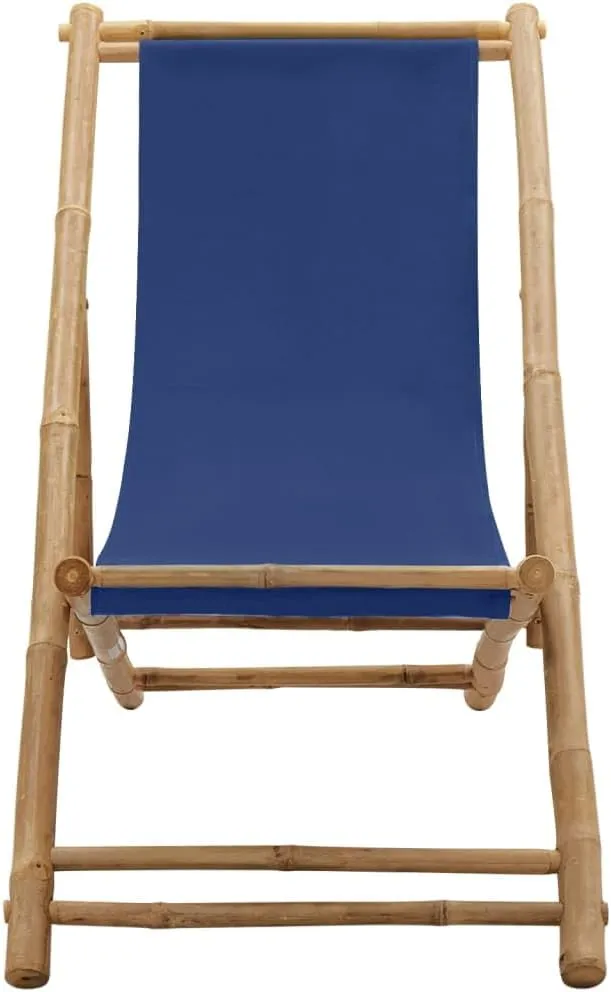 Bamboo and Canvas Deck Chair Navy Blue Foldable Adjustable Outdoor Lounge Chair for Patio Beach Camping and Campsite