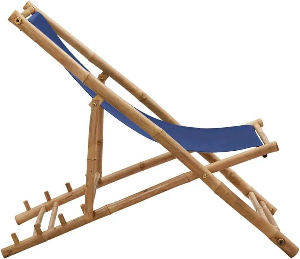 Bamboo and Canvas Deck Chair Navy Blue Foldable Adjustable Outdoor Lounge Chair for Patio Beach Camping and Campsite