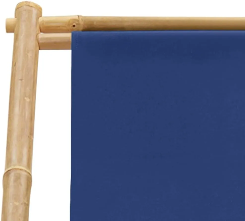 Bamboo and Canvas Deck Chair Navy Blue Foldable Adjustable Outdoor Lounge Chair for Patio Beach Camping and Campsite