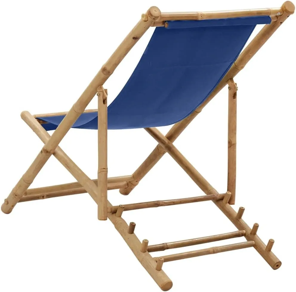 Bamboo and Canvas Deck Chair Navy Blue Foldable Adjustable Outdoor Lounge Chair for Patio Beach Camping and Campsite