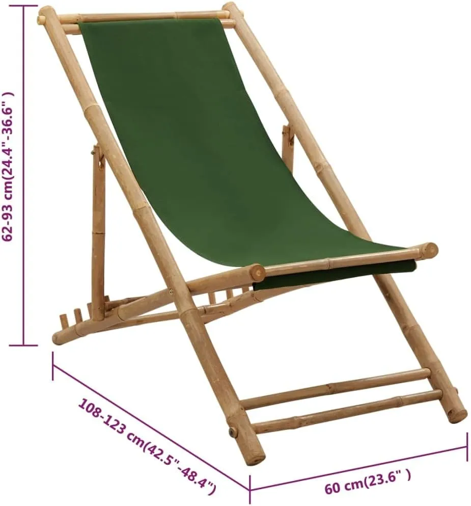 Bamboo and Canvas Foldable Deck Chair Green - Adjustable 4 Positions Outdoor Lounge Chair for Patio, Beach, Camping and Garden