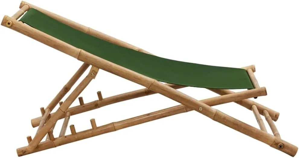Bamboo and Canvas Foldable Deck Chair Green - Adjustable 4 Positions Outdoor Lounge Chair for Patio, Beach, Camping and Garden