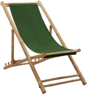 Bamboo and Canvas Foldable Deck Chair Green - Adjustable 4 Positions Outdoor Lounge Chair for Patio, Beach, Camping and Garden