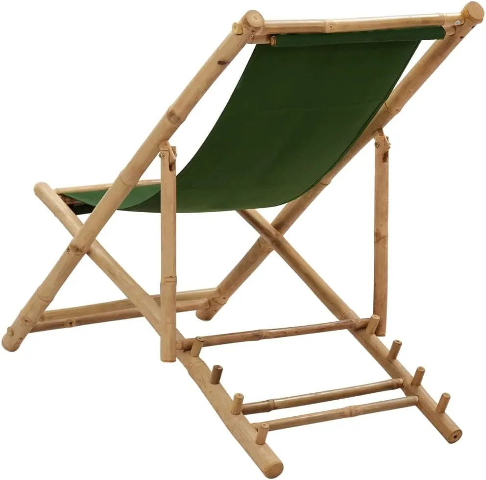 Bamboo and Canvas Foldable Deck Chair Green - Adjustable 4 Positions Outdoor Lounge Chair for Patio, Beach, Camping and Garden