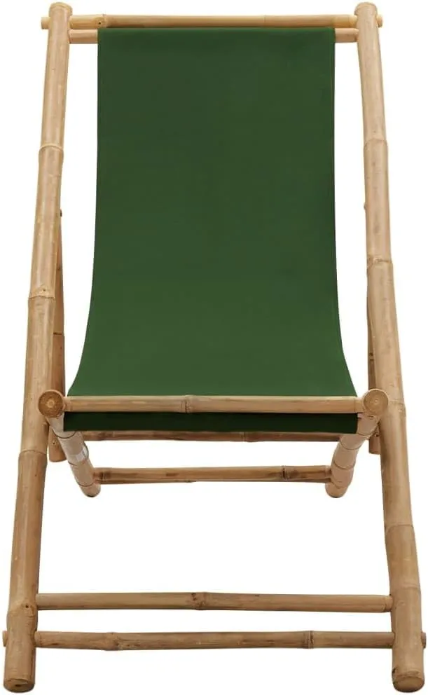 Bamboo and Canvas Foldable Deck Chair Green - Adjustable 4 Positions Outdoor Lounge Chair for Patio, Beach, Camping and Garden