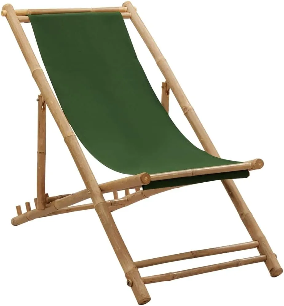 Bamboo and Canvas Foldable Deck Chair Green - Adjustable 4 Positions Outdoor Lounge Chair for Patio, Beach, Camping and Garden