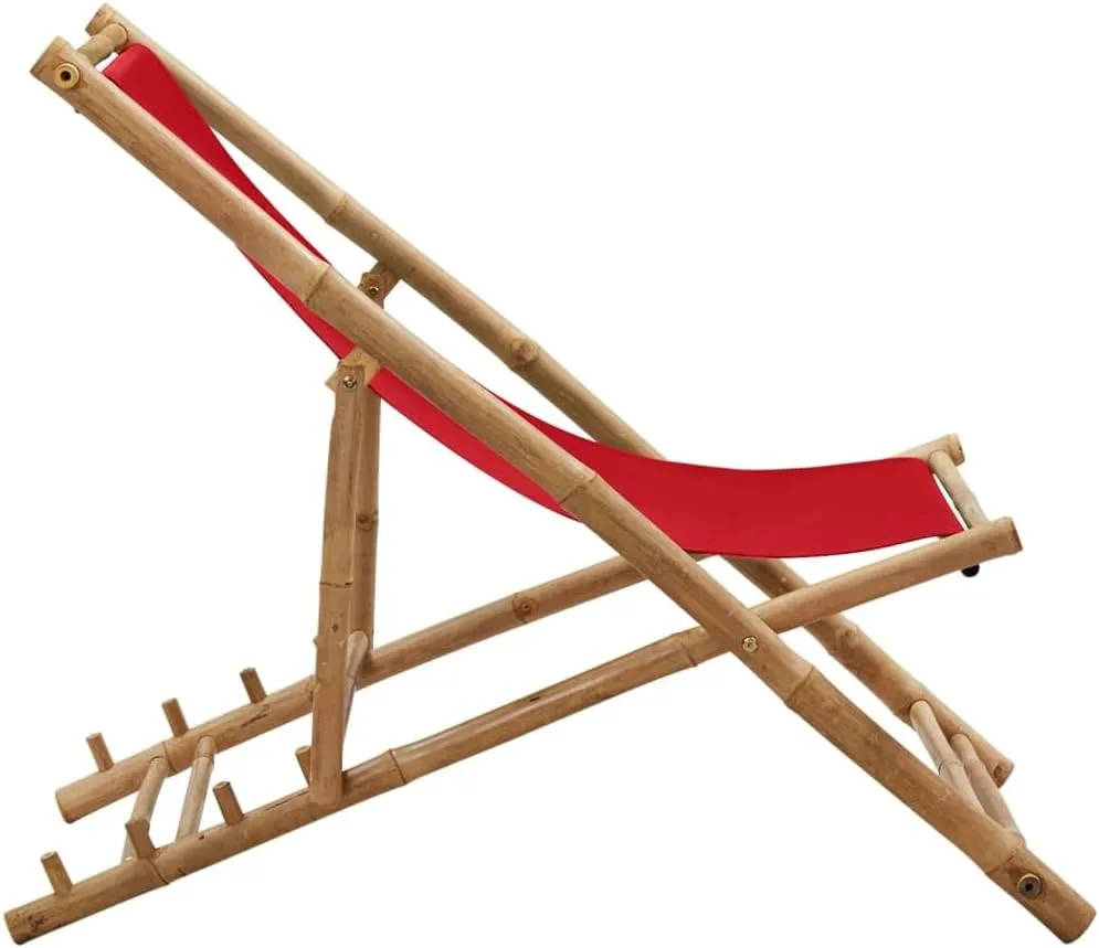 Bamboo and Canvas Foldable Deck Chair Red - Adjustable 4-Position Outdoor Lounge Chair for Patio, Beach, Camping, and Garden