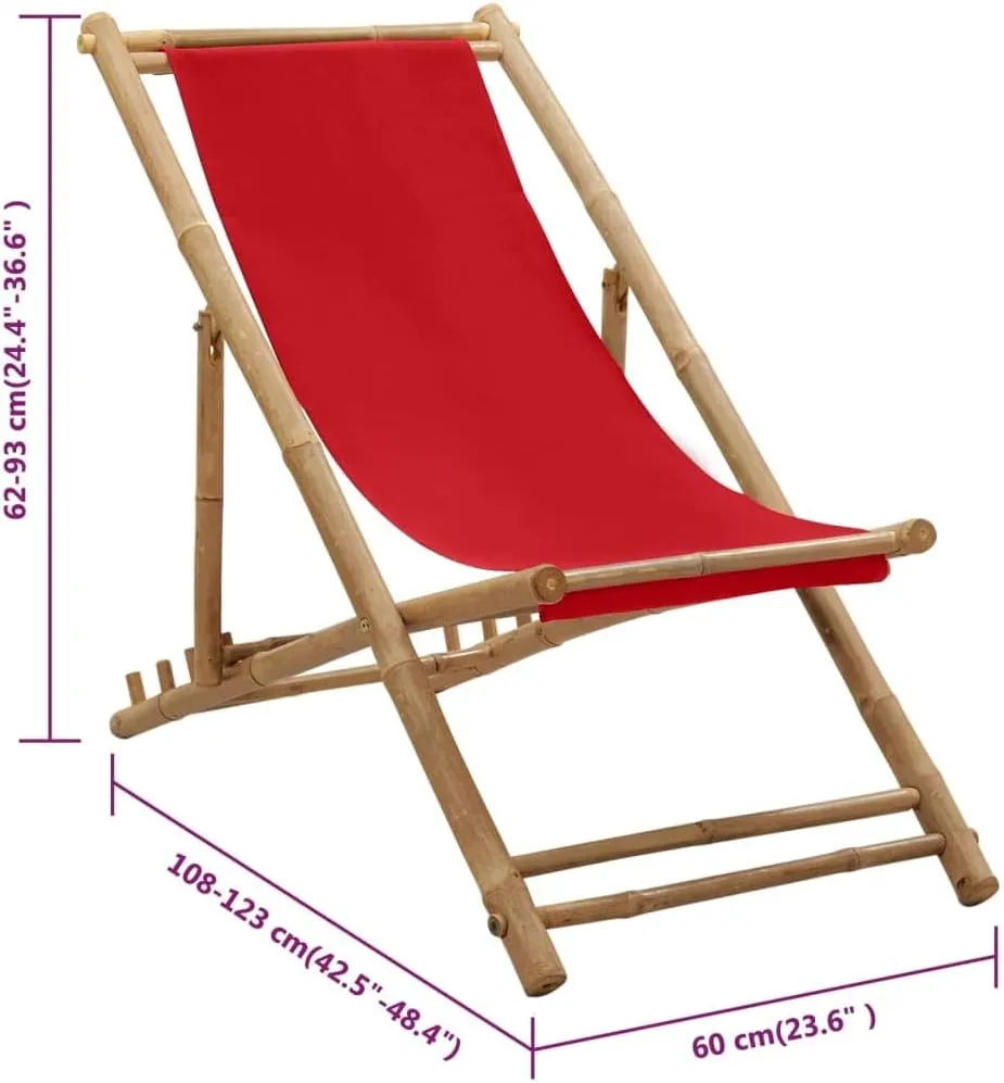 Bamboo and Canvas Foldable Deck Chair Red - Adjustable 4-Position Outdoor Lounge Chair for Patio, Beach, Camping, and Garden