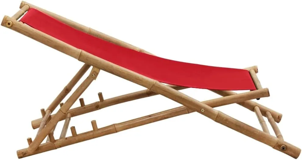 Bamboo and Canvas Foldable Deck Chair Red - Adjustable 4-Position Outdoor Lounge Chair for Patio, Beach, Camping, and Garden