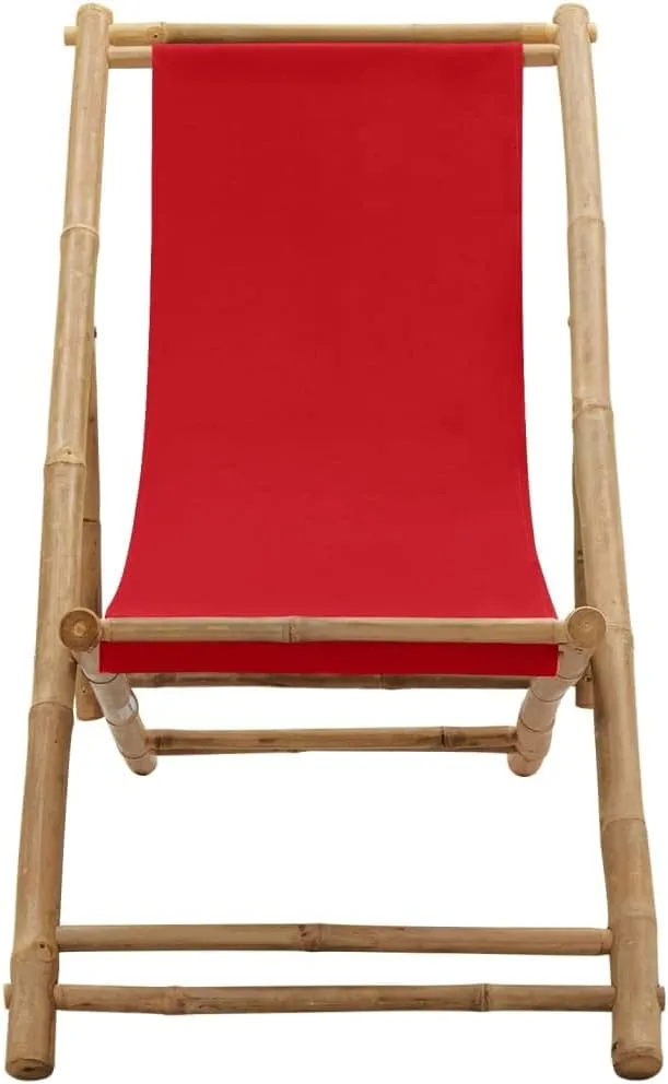Bamboo and Canvas Foldable Deck Chair Red - Adjustable 4-Position Outdoor Lounge Chair for Patio, Beach, Camping, and Garden