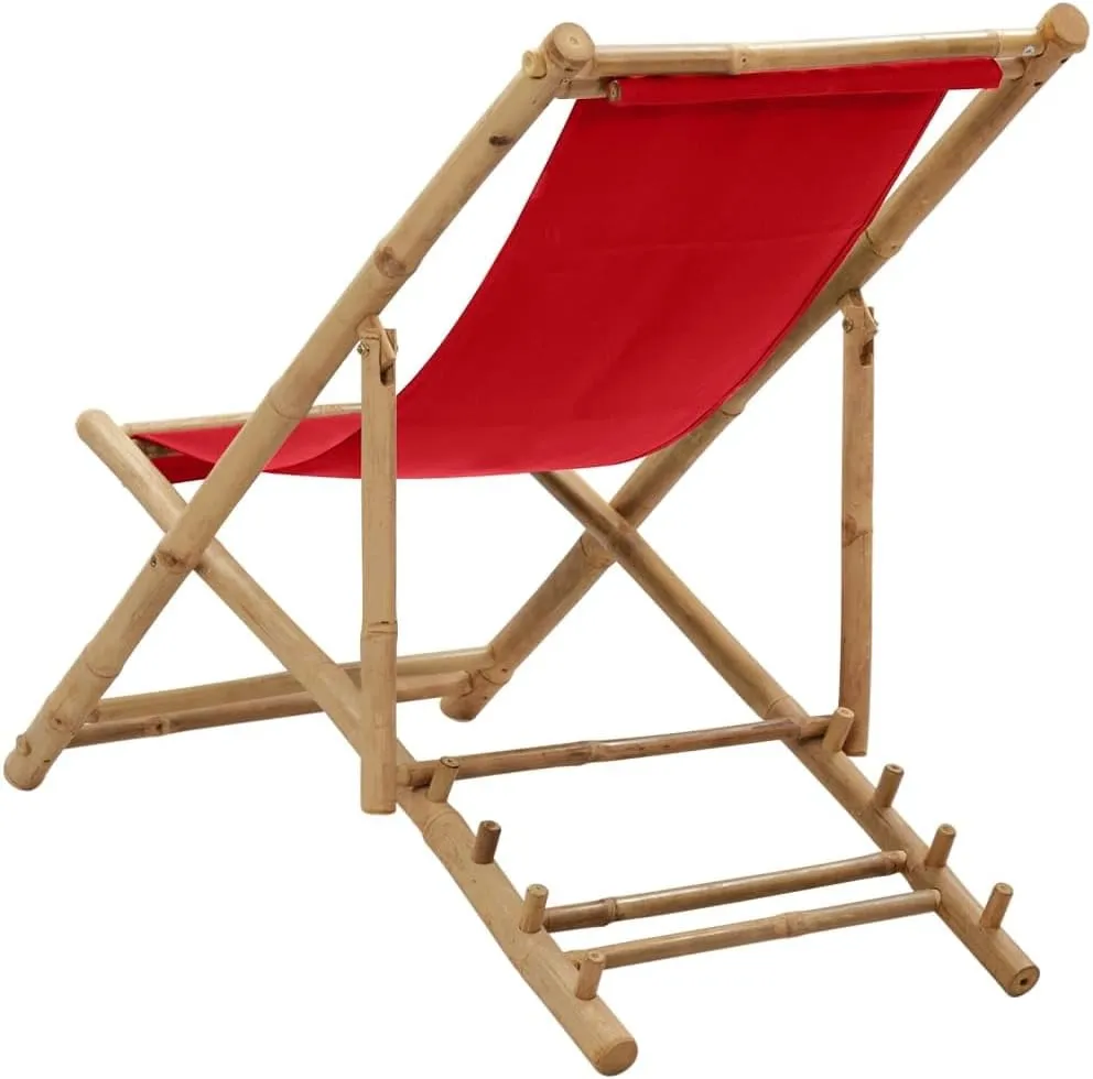 Bamboo and Canvas Foldable Deck Chair Red - Adjustable 4-Position Outdoor Lounge Chair for Patio, Beach, Camping, and Garden