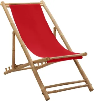 Bamboo and Canvas Foldable Deck Chair Red - Adjustable 4-Position Outdoor Lounge Chair for Patio, Beach, Camping, and Garden