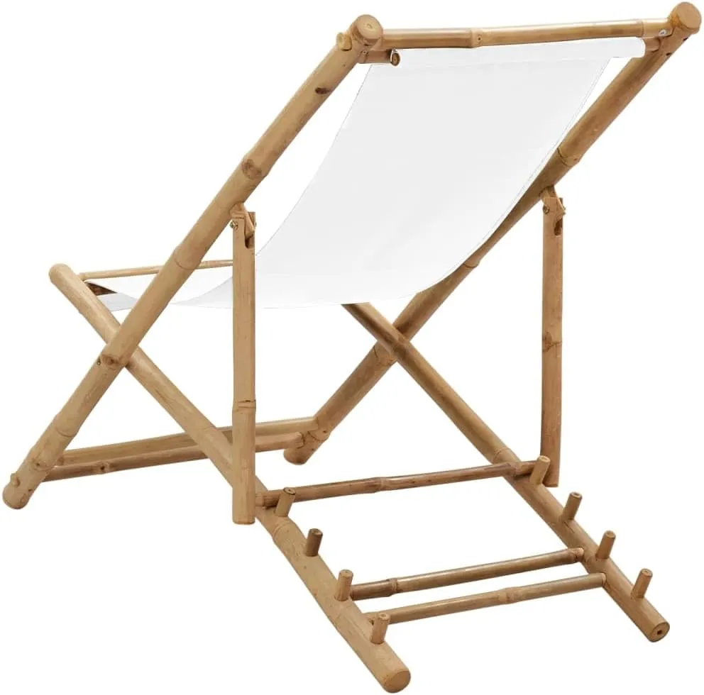 Bamboo Deck Chair Patio Furniture 4-Position Adjustable Canvas Outdoor Lounge Chair Foldable for Garden Camping and Sunroom