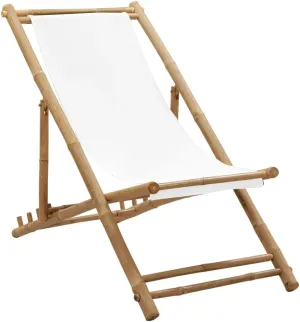 Bamboo Deck Chair Patio Furniture 4-Position Adjustable Canvas Outdoor Lounge Chair Foldable for Garden Camping and Sunroom