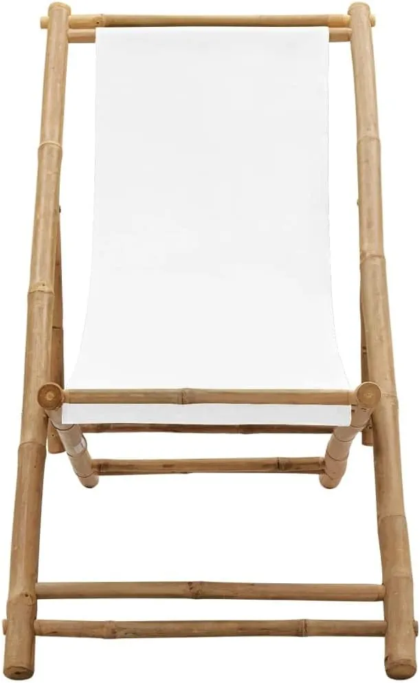 Bamboo Deck Chair Patio Furniture 4-Position Adjustable Canvas Outdoor Lounge Chair Foldable for Garden Camping and Sunroom