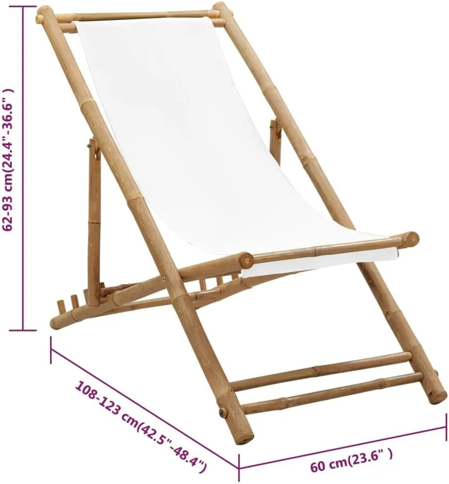 Bamboo Deck Chair Patio Furniture 4-Position Adjustable Canvas Outdoor Lounge Chair Foldable for Garden Camping and Sunroom