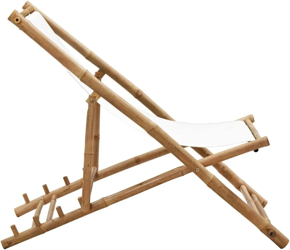 Bamboo Deck Chair Patio Furniture 4-Position Adjustable Canvas Outdoor Lounge Chair Foldable for Garden Camping and Sunroom