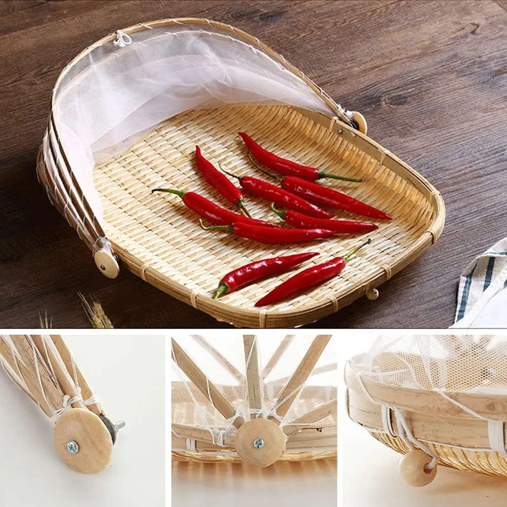 Bamboo Serving Tent with Dustproof Mesh Gauze Cover - Square Food Storage Basket for Fruits, Vegetables, Bread - Hand-Woven Picnic Basket