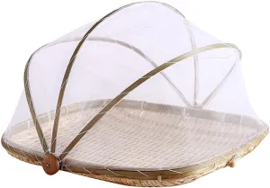 Bamboo Serving Tent with Dustproof Mesh Gauze Cover - Square Food Storage Basket for Fruits, Vegetables, Bread - Hand-Woven Picnic Basket