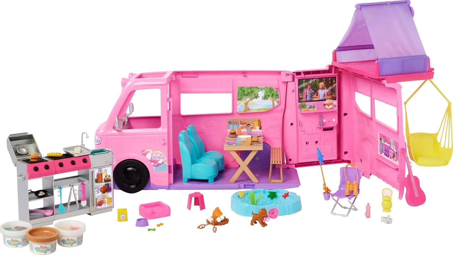Barbie Dream Camper Playset with Roof Tent, Swing Chair, Fishing Pond, BBQ Grill with Color-Change Feature & 60  Accessories Including Dough